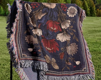 Vintage Floral Tapisserie gewebte Decke, dunkler Cottagecore Überwurf, Boho Dekor