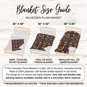 May include: A guide to different sizes of plush velvet blankets. The guide shows three different sizes of blankets on twin-sized beds: 30 inches by 40 inches, 50 inches by 60 inches, and 60 inches by 80 inches. The blankets are all patterned with a colorful floral design.