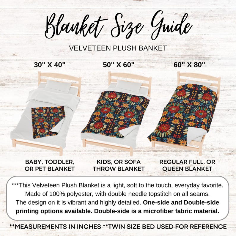 May include: A guide to different sizes of plush velvet blankets. The guide shows three different sizes of blankets on twin-sized beds: 30 inches by 40 inches, 50 inches by 60 inches, and 60 inches by 80 inches. The blankets are all patterned with a colorful floral design.