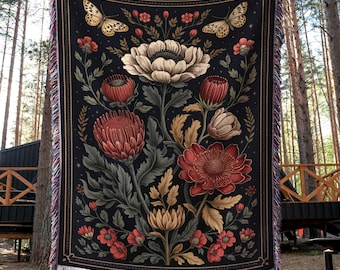 Floral Woven Blanket with Dark Botanical Design, Vintage Style, Cottagecore Throw, Gothic Home Decor