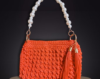 Handmade Orange Crochet Purse: Pearl Handle Party Clutch