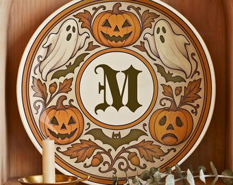 Personalized Halloween Decor, Monogrammed Ceramic Plate with Stand and Hanging Kit, Gothic Gift