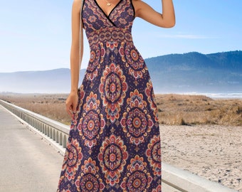 May include: A sleeveless maxi dress with a V-neckline and a floral print. The dress has a fitted bodice and a flowy skirt. The print features a variety of colors, including purple, orange, yellow, and red.