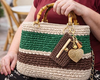 Handmade Crochet Bag with Bamboo Imitation Handles, Unique Artisan 3D Effect Knit Tote, Made in USA