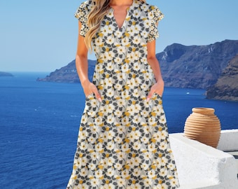Yellow Floral Milk Silk Midi Dress: Boho Ruffle Sleeve V-Neck