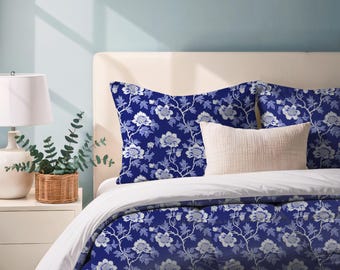 Blue Floral Comforter Set, Navy Botanical Bedding, Elegant Microfiber Quilt and Pillowcases, Cozy Bedroom Decor