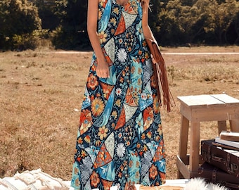 May include: A long, sleeveless maxi dress with a V-neckline and a colorful, geometric print. The dress is made of a lightweight fabric and has a flowy silhouette.