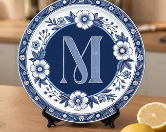 Custom Blue Floral Monogram Plate: Vintage Ceramic Wall Decor