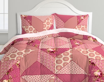 Trendy Patchwork Effect Comforter Set for Pink Lovers, Boho Chic Bedding, Modern Farmhouse Decor