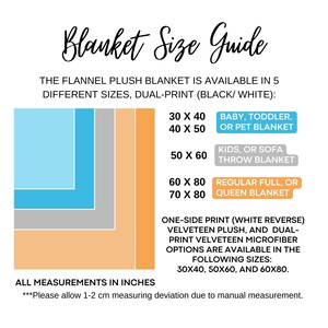 May include: A chart showing different sizes of flannel plush blankets with dual-print (black/white) options. The sizes are 30 x 40 inches, 40 x 50 inches, 50 x 60 inches, 60 x 80 inches, and 70 x 80 inches. Each size is labeled with a suggested use, such as "baby, toddler, or pet blanket" or "regular full, or queen blanket".