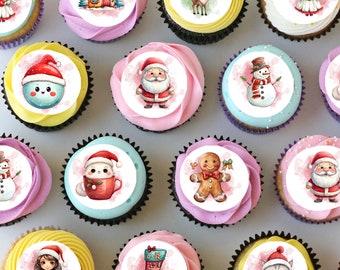 May include: Twelve decorated cupcakes with various Christmas themes. The cupcakes are topped with edible images of Santa Claus, a snowman, a reindeer, a gingerbread man, a Christmas stocking, a house, an angel, a cat, a snow globe, and a cat in a mug.