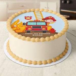Fire Fireman Firetruck Pre-Cut Round Edible Icing Cake Topper