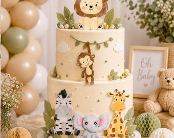 Decorazioni commestibili in pasta di zucchero a forma di animali della giungla per torte safari.