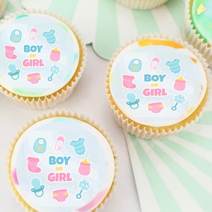 Gender Reveal Baby Shower Pre-cut Edible Cupcake or Cookie Toppers