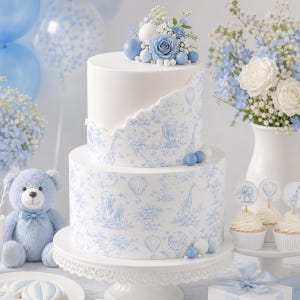 Può includere: Una torta bianca a due piani decorata con un motivo toile blu raffigurante elefanti, giraffe e mongolfiere. Il piano superiore presenta una sezione bianca liscia ed è sormontato da sfere blu e bianche e da decorazioni floreali.