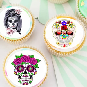 Sugar Skulls Day of the Dead Pre-cut Edible Icing Cupcake or Cookie Toppers
