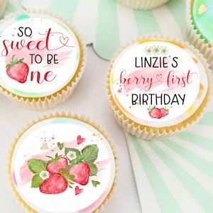 Strawberry 1st Birthday Pre-cut Edible Icing Cupcake or Cookie Toppers