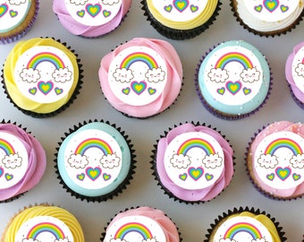 Rainbow Hearts Pre-cut Mini Edible Icing Cupcake or Cookie Toppers