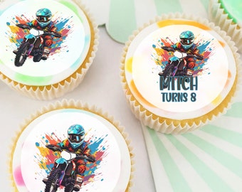 Decorazioni commestibili pretagliate a tema moto da cross per cupcake o biscotti.
