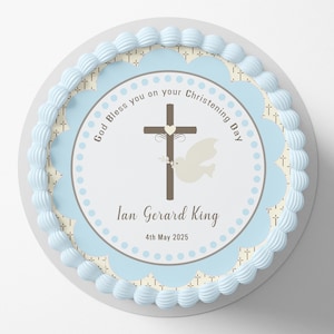 Baptism Christening Baby Boy Pre-cut Round Edible Cake Topper