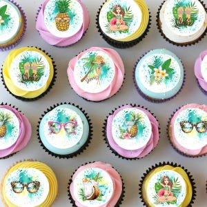 Beach Tropical Themed Pre-cut Mini Edible Icing Cupcake or Cookie Toppers