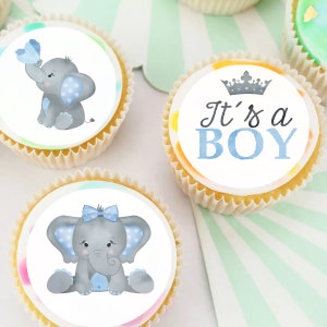 Blue Elephant Baby Shower Pre-cut Edible Icing Image Cupcake or Cookie Toppers
