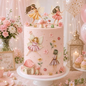 Könnte beinhalten: Eine hohe, zylindrische Torte mit glattem, hellrosa Zuckerguss, verziert mit essbaren Feen-Illustrationen, kleinen Pilzen, Blumen, Marienkäfern und einer Schnecke. Die Torte zeigt vier verschiedene Feenfiguren in bunten Kleidern, die an den Seiten und oben angeordnet sind und eine märchenhafte Gartenszene auf einem weißen Tortenständer bilden.