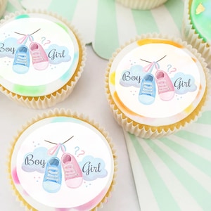 Gender Reveal Baby Shower Pre-cut Edible Cupcake or Cookie Toppers