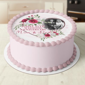 Floral Rose Anniversary Birthday Pre-cut Round Edible Cake Topper