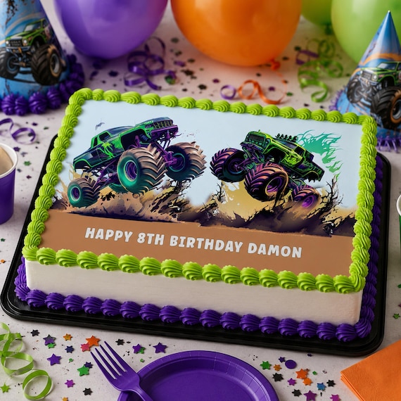 ◆オーダー用◆ダイカット HAPPY BIRTHDAY モンスター Truck Themed Personalised Birthday Icing Cake Topper - Etsy