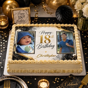 Peut inclure: Un gâteau d'anniversaire rectangulaire avec des bordures de glaçage crème, présentant une image comestible imprimée avec des motifs de marbre noir et doré. Le texte indique Happy 18th Birthday et Christopher, avec deux photos d'un bébé et d'un jeune adulte.