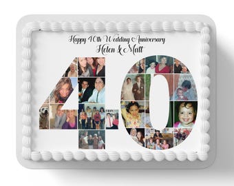 Collage de fotos de aniversario de bodas, adorno comestible para tarta con glaseado rectangular y cuadrado