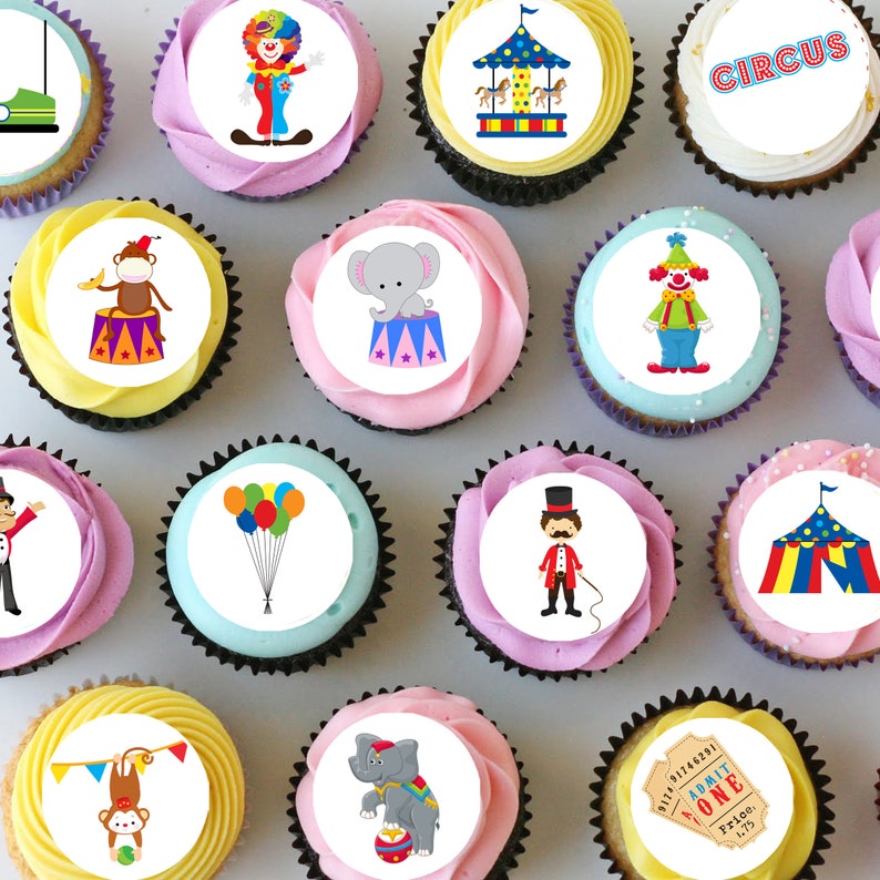 Circus Carnival Clown Pre-cut Mini Edible Icing Cupcake or Cookie Toppers image 1