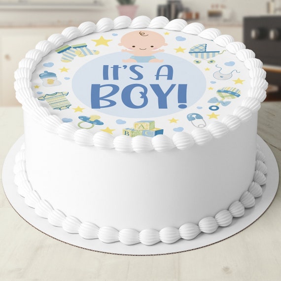 Décoration de gâteau comestible ronde prédécoupée pour fête prénatale garçon