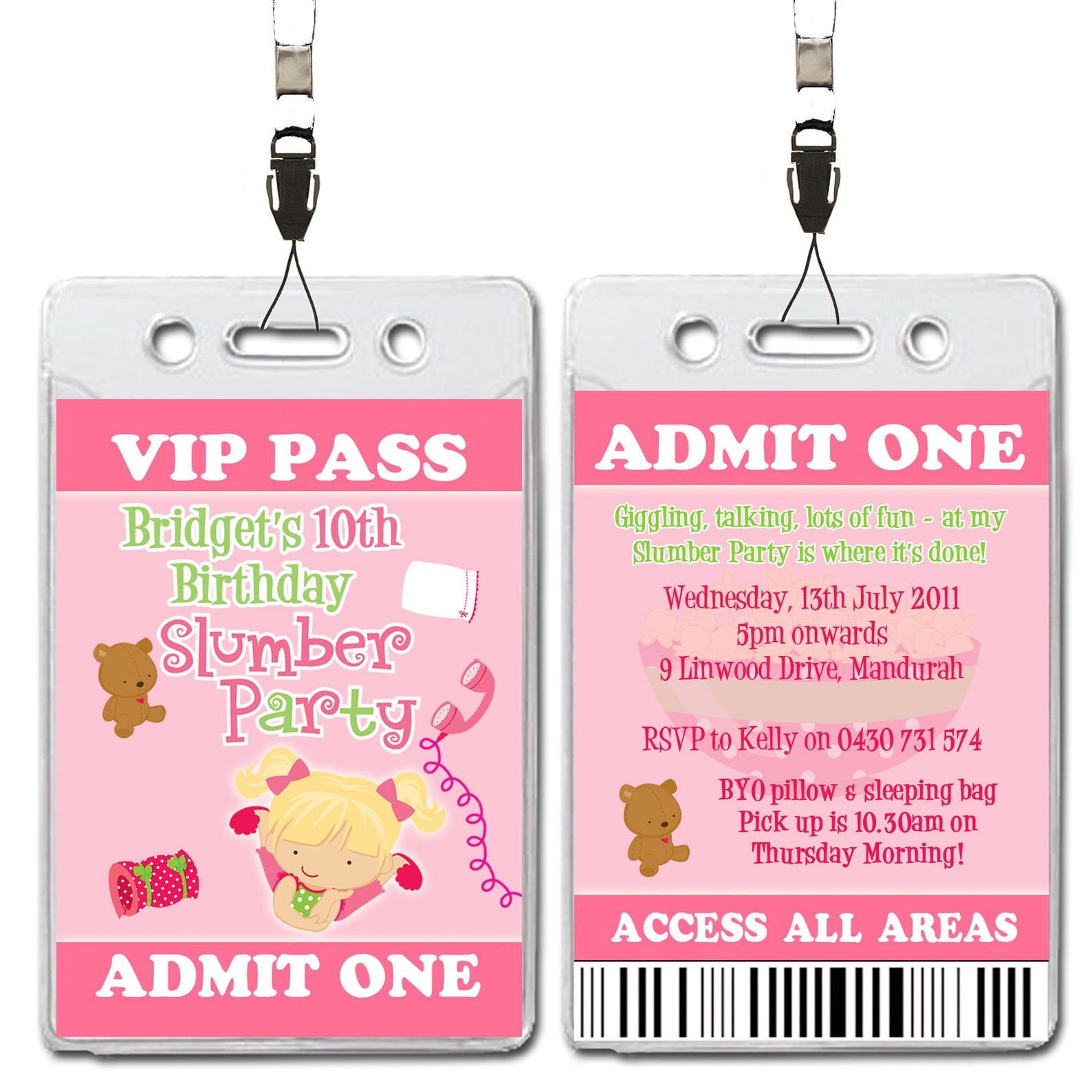 VIP Lanyard Pass Sleepover Slumber Birthday Invitations x 10 Etsy
