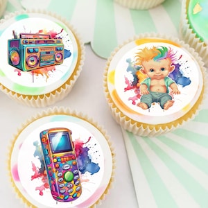 Retro Eighties Nineties Pre-cut Edible Icing Cupcake or Cookie Toppers