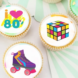 Eighties 80&#39;s Pre-cut Edible icing Cupcake or Cookie Toppers