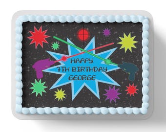 Personalised Laser Tag Quest Edible Cake Topper – Circle Round, Icing Sheet, UK