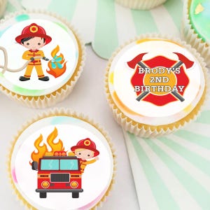 Fireman Firetruck Pre-cut Edible Icing Cupcake or Cookie Toppers