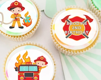 Feuerwehrmann Feuerwehrauto vorgeschnittene essbare Icing Cupcake oder Cookie Toppers