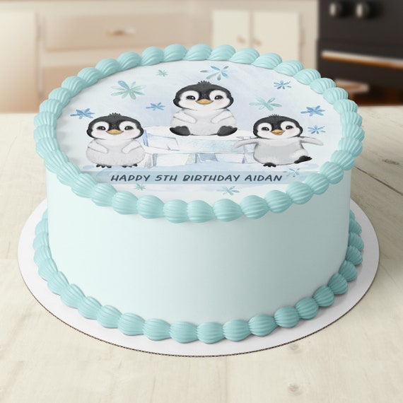 Décoration de gâteau comestible ronde prédécoupée Pingouin