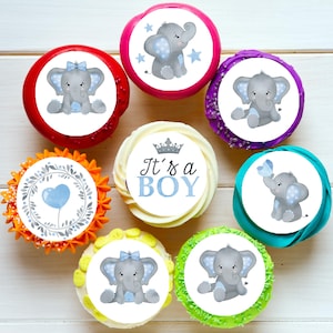 Blue Elephant Baby Shower Pre-cut Edible Icing Image Cupcake or Cookie Toppers