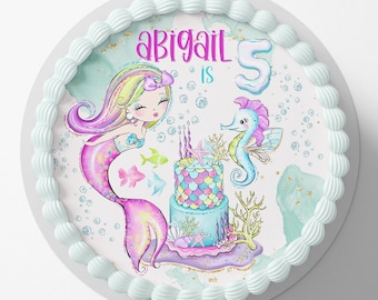 Mermaid Under The Sea Birthday Pre-cut Round Edible Icing Cake Topper