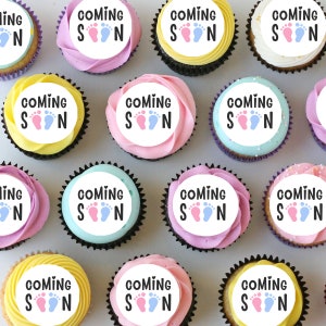 Coming Soon Baby Boy Girl Shower Pre-cut Mini Edible Icing Cupcake or Cookie Toppers