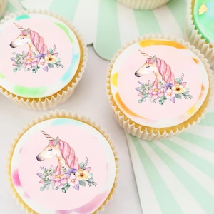 Floral Unicorn Pre-cut Edible Icing Image Cupcake or Cookie Toppers