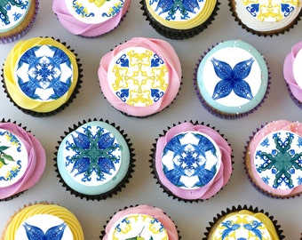 Blue Amalfi Tiles Lemons Pre-cut Mini Edible Icing Cupcake or Cookie Toppers