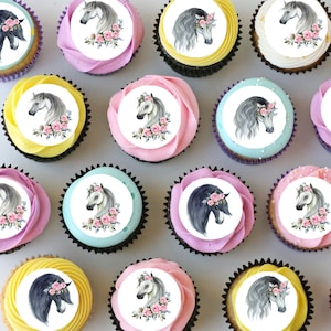 Horse Horses Floral Flower Pre-cut Mini Edible Icing Cupcake or Cookie Toppers