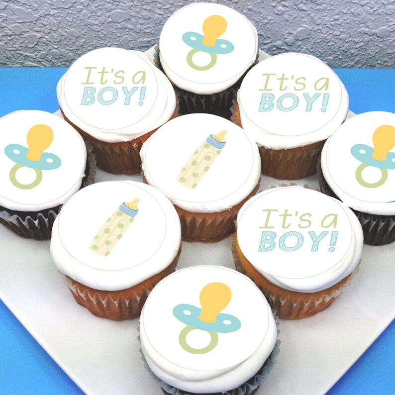 PRE-CUT Sheet of 15 Baby Boy Edible Icing Image Cupcake Toppers