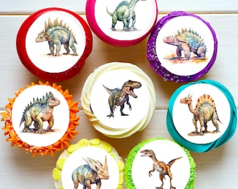 May include: Eight round cupcake toppers with colorful backgrounds featuring different dinosaur illustrations. The dinosaurs are depicted in watercolor style with vibrant colors and intricate details.