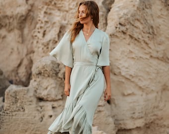 Alma dress Seafoam, Bridesmaid dress, Blue, Wrap dress, Boho bride, Wedding dress, Boho chic, Cocktail dress, Summer, event dress